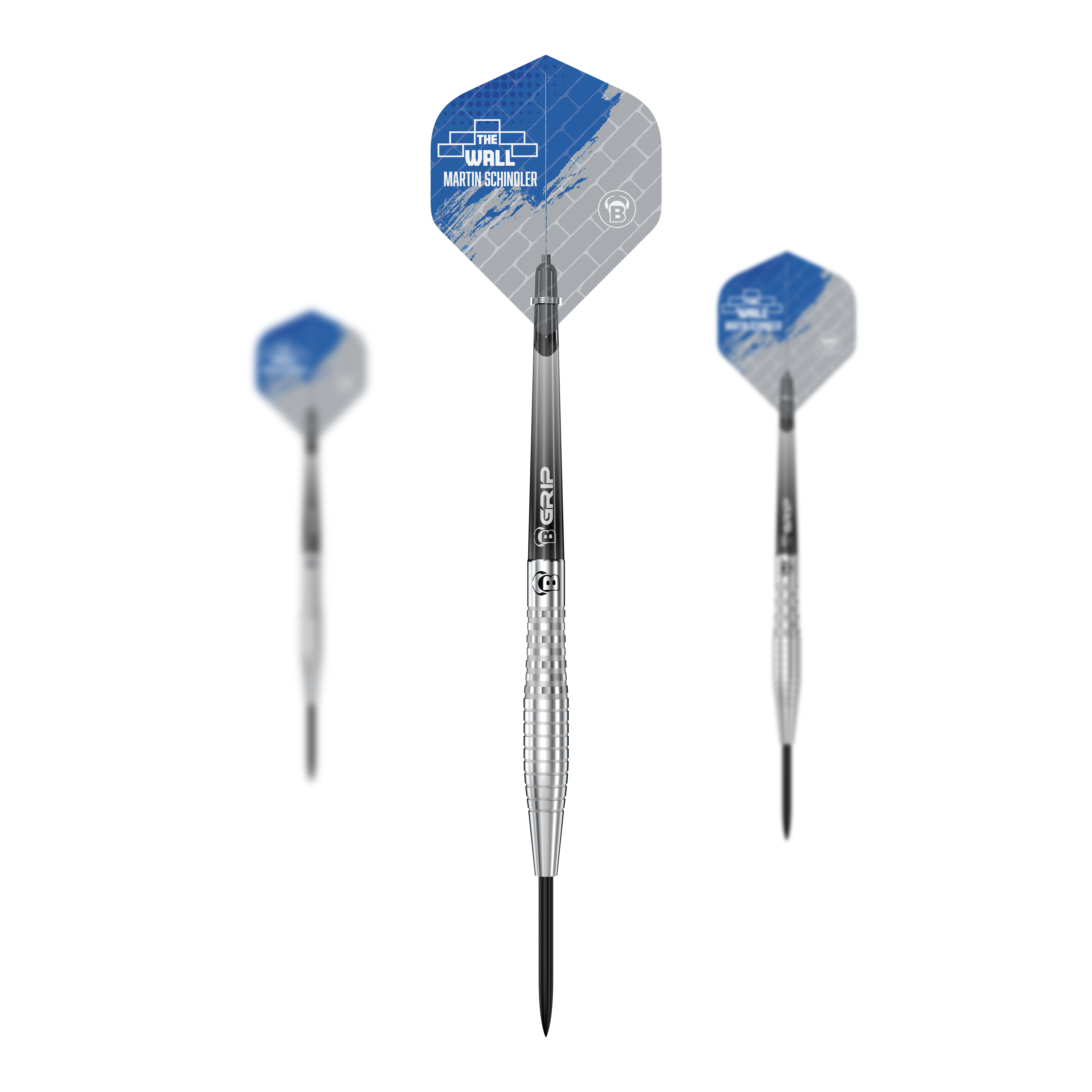 Das Bild zeigt drei Steeldarts des Modells "Bulls Martin Schindler Original Generation 2". Die Flights sind in Blau und Grau gestaltet und tragen den Schriftzug "The Wall Martin Schindler".